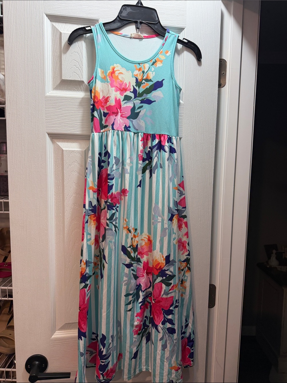 Girls Aqua Floral Maxi Dress with Pink Accent